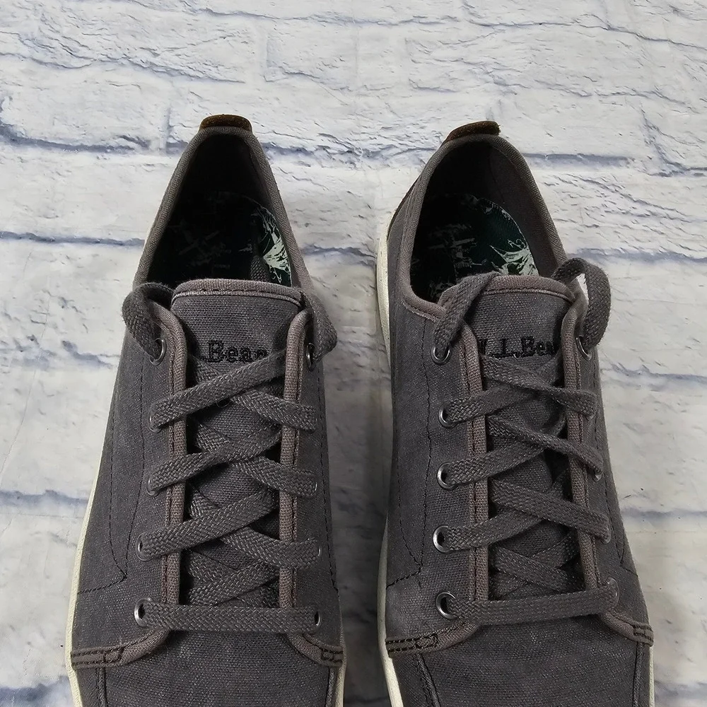 LL Bean Campside Canvas Sneakers Mens 10 Grey Low Top Leather Trim Walking Shoes